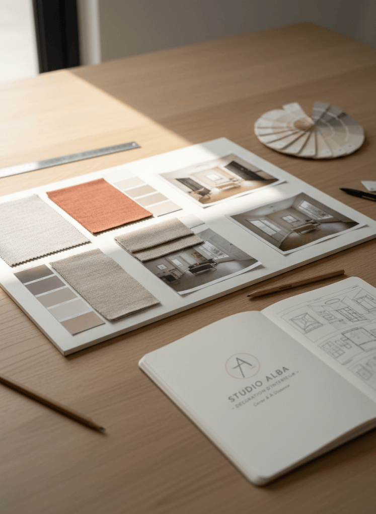 Un plan rapproché d’un moodboard de décoration posé sur une grande table en bois clair. On y voit des échantillons de tissus en lin beige, gris perle et terracotta, des nuanciers de peinture aux tons sable et gris doux, ainsi que de petites photos d’intérieurs élégants sans personnages, partiellement superposées. Quelques crayons, une règle métallique fine et un carnet de croquis ouvert complètent la scène. La lumière naturelle vient du côté gauche, légèrement rasante, révélant les textures des matières. Photographie à profondeur de champ réduite, mettant l’avant-plan en nette précision et laissant l’arrière-plan en bokeh doux. Ambiance professionnelle mais créative, illustrant le travail préparatoire d’une décoratrice d’intérieur travaillant en Corse-du-Sud et à distance.