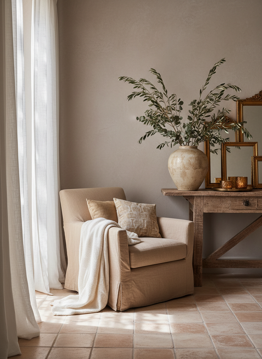 Coin d'intérieur soigné aux tons taupe et doré, ambiance chaleureuse et intemporelle